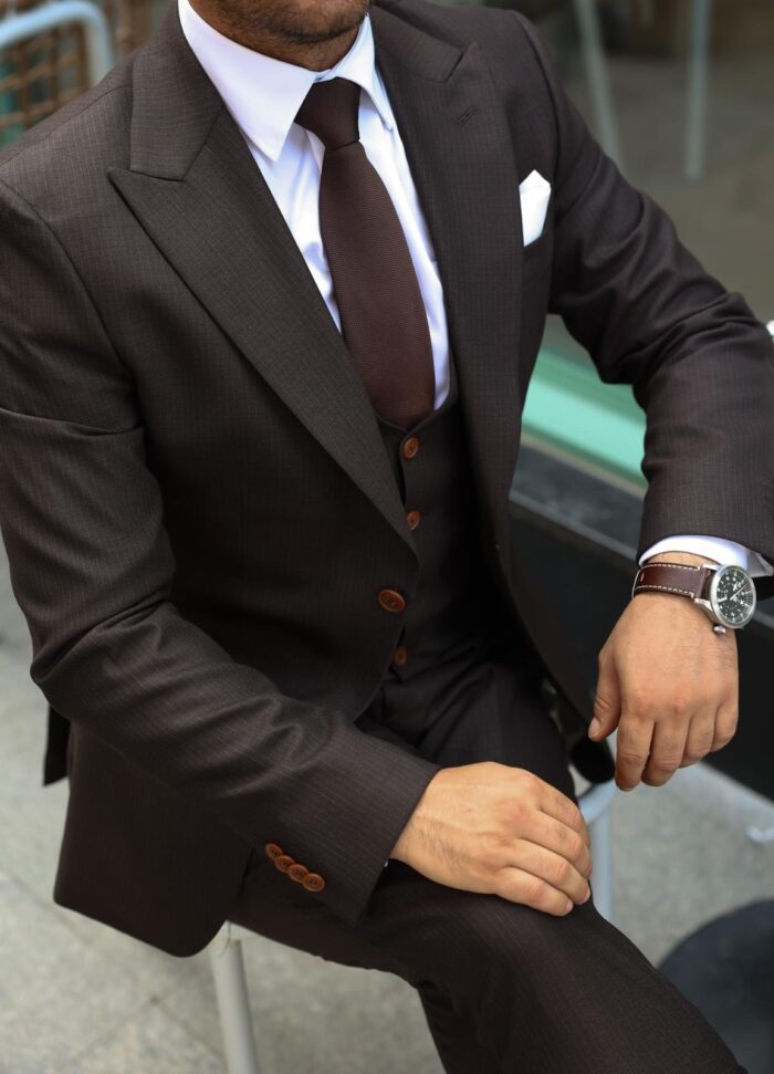 Bantry Street BROWN SLIM FIT PINSTRIPED THREE PIECE MEN’S SUIT WITH PEAK LAPELS