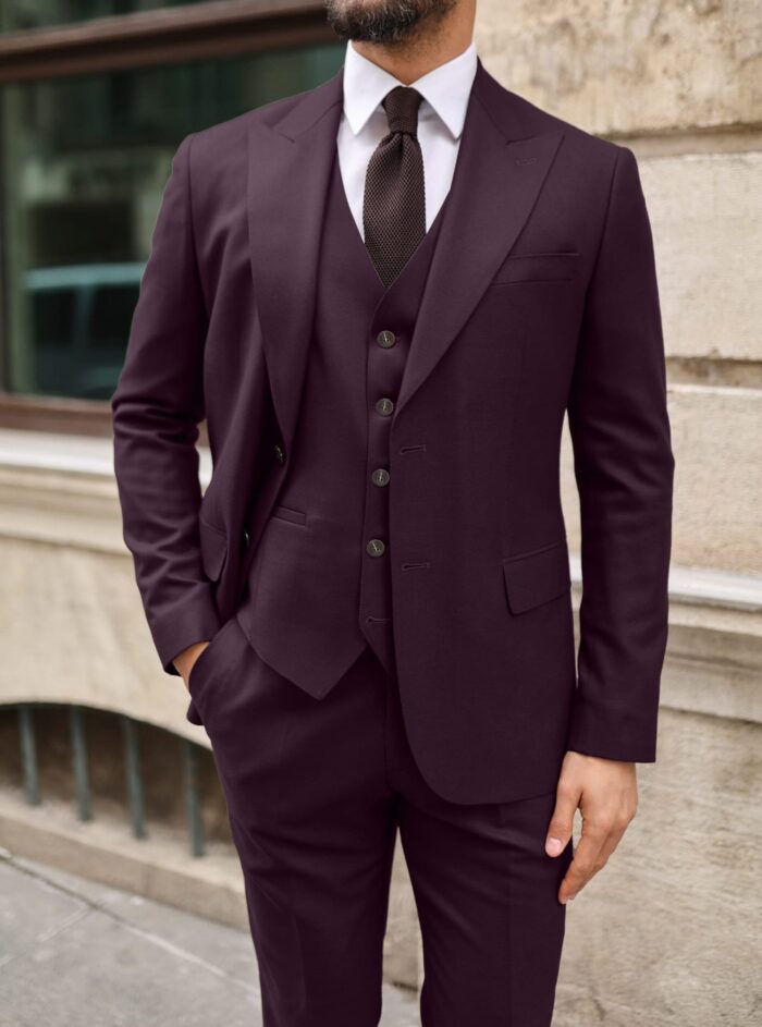 Wythburn Place Slim fit burgundy plum men’s three piece suit with peak lapels