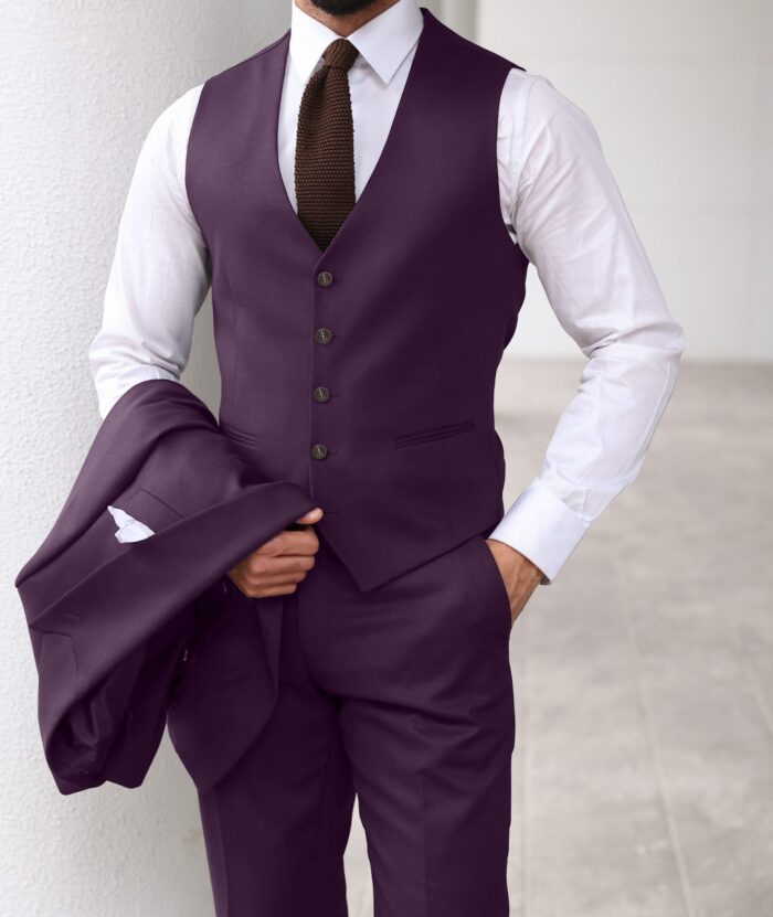 Dryden Street Slim fit burgundy plum men’s three piece suit with peak lapels