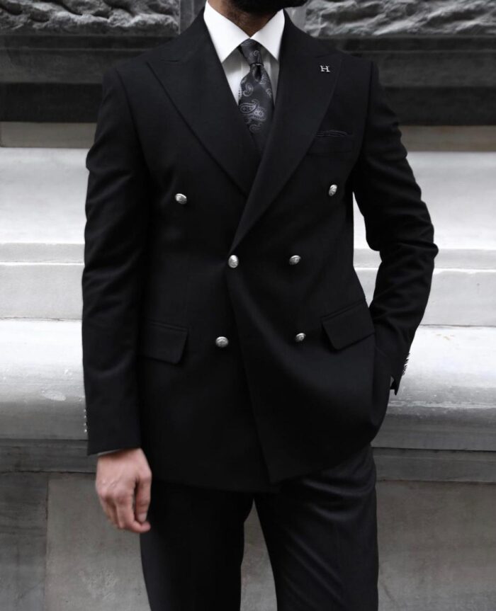 Passmore Street TAILORED SLIM FIT black DOUBLE BREASTED MEN’S SUIT WITH PEAK LAPELS decorative silver buttons