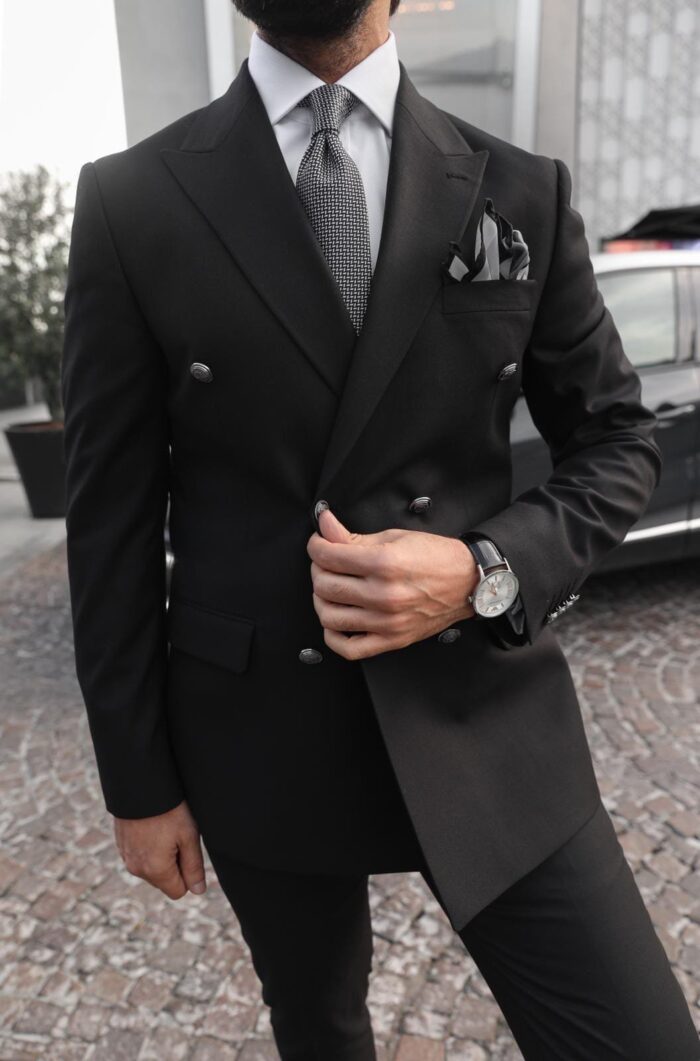 Padfield Road TAILORED SLIM FIT black DOUBLE BREASTED MEN’S SUIT WITH PEAK LAPELS decorative silver buttons