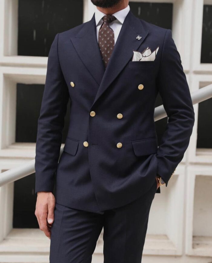 Bardsley Lane TAILORED SLIM FIT ROYAL NAVY BLUE DOUBLE BREASTED MEN’S SUIT WITH DECORATIVE GOLD BUTTONS AND PEAK LAPELS