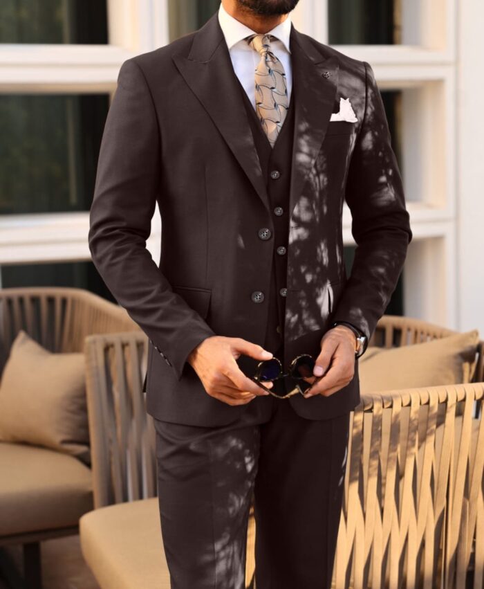 Morant Path Slim fit chocolate brown three piece men’s suit with peak lapels