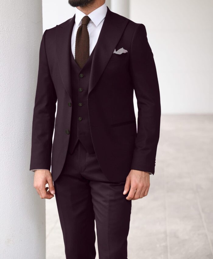 Dryden Street Slim fit burgundy plum men’s three piece suit with peak lapels