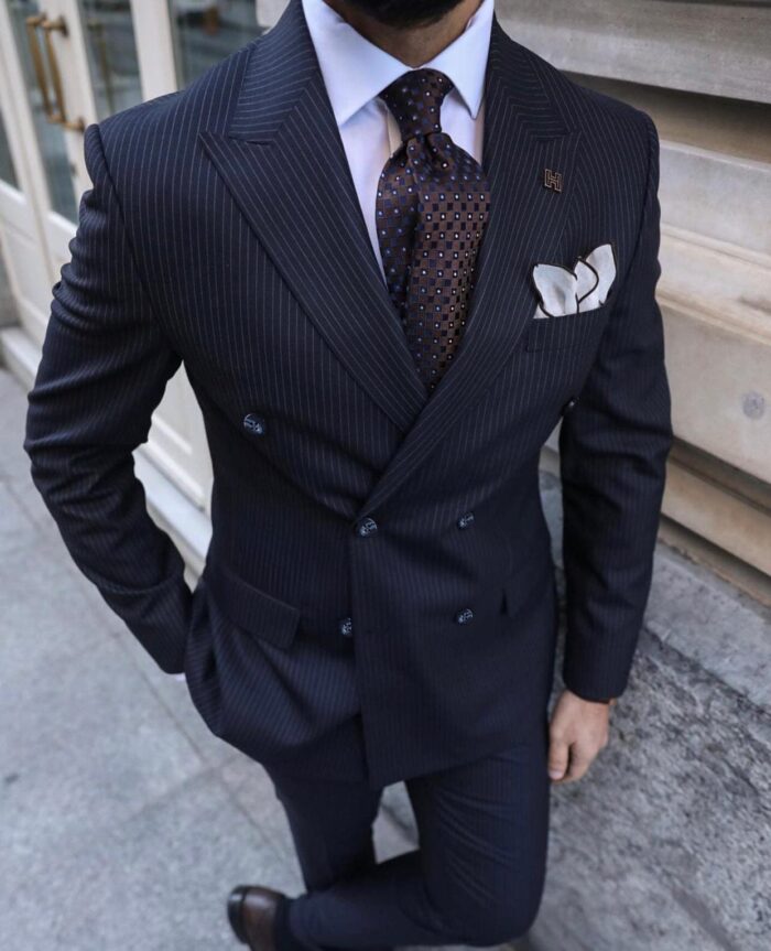 Dewey Road TAILORED SLIM FIT DARK NAVY BLUE PINSTRIPE DOUBLE BREASTED MEN’S SUIT