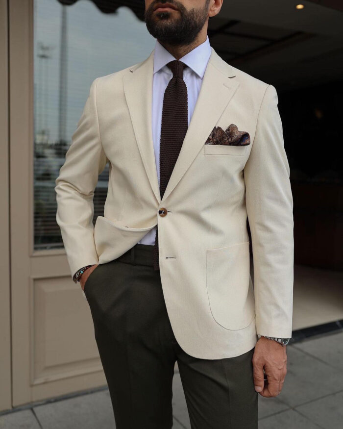 Evins Place Slim fit cream and hunter green mixed two piece men’s suit with notch lapels
