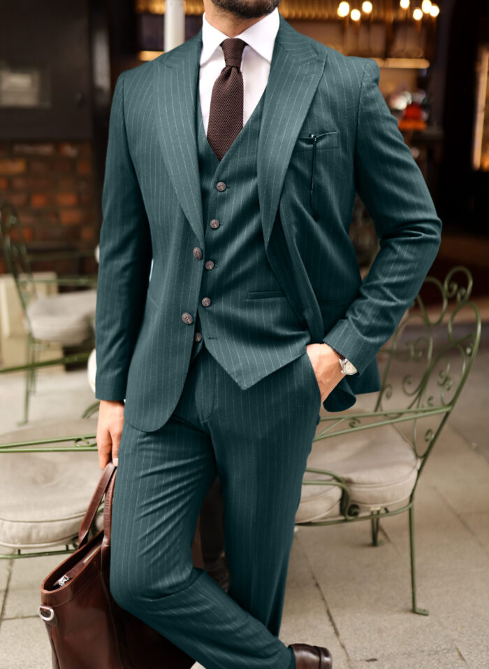 Cowley Gardens Tailored slim fit forest green three piece pinstripe men’s suit with peak lapels
