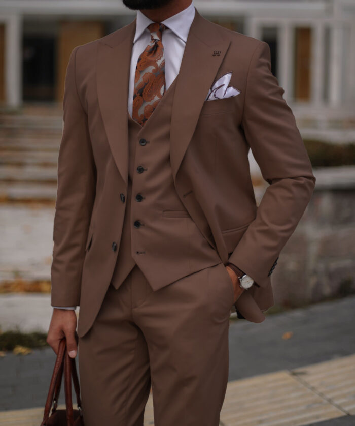 Chester Terrace Slim fit all chocolate men’s three piece suit with peak lapels
