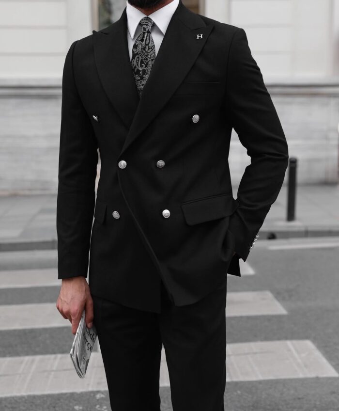 Redan Place TAILORED SLIM FIT black DOUBLE BREASTED MEN’S SUIT WITH PEAK LAPELS decorative silver buttons