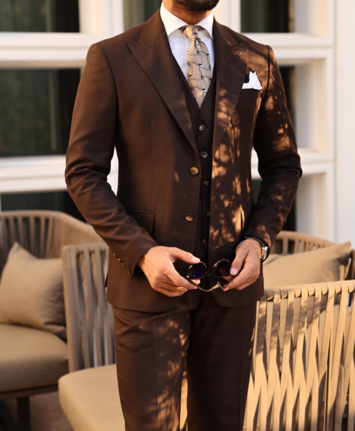 Morant Path Slim fit chocolate brown three piece men’s suit with peak lapels