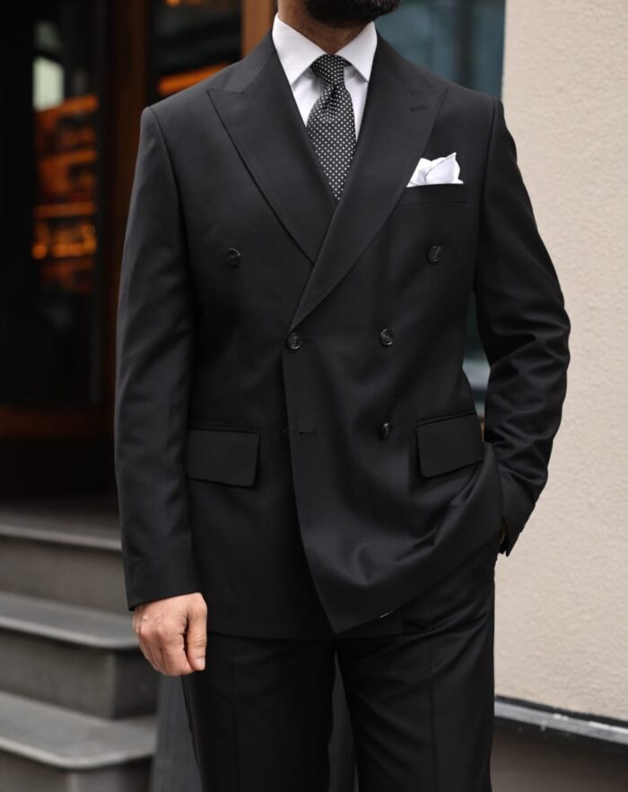 Colombo Street TAILORED SLIM FIT black DOUBLE BREASTED MEN’S SUIT WITH PEAK LAPELS