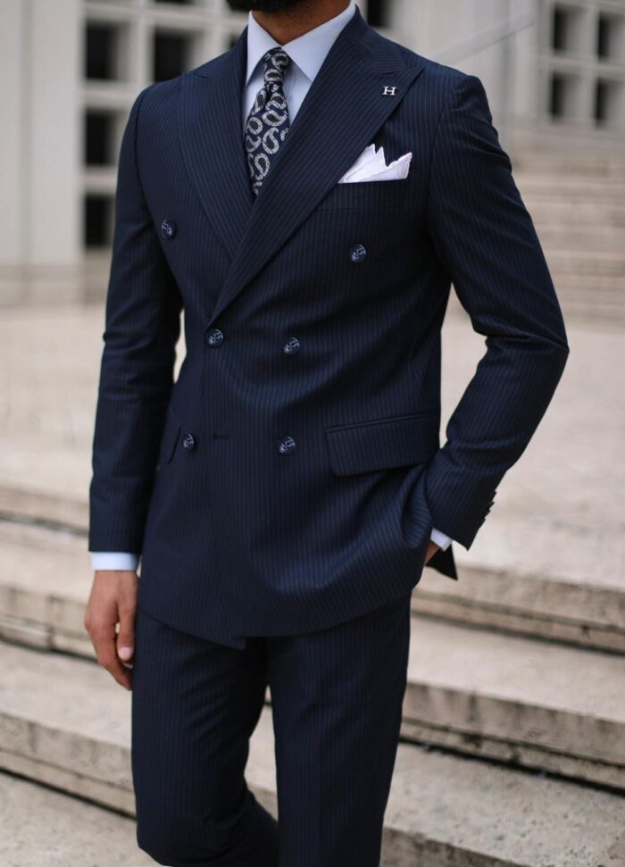 Osier Street TAILORED SLIM FIT DARK NAVY BLUE PINSTRIPE DOUBLE BREASTED MEN’S SUIT