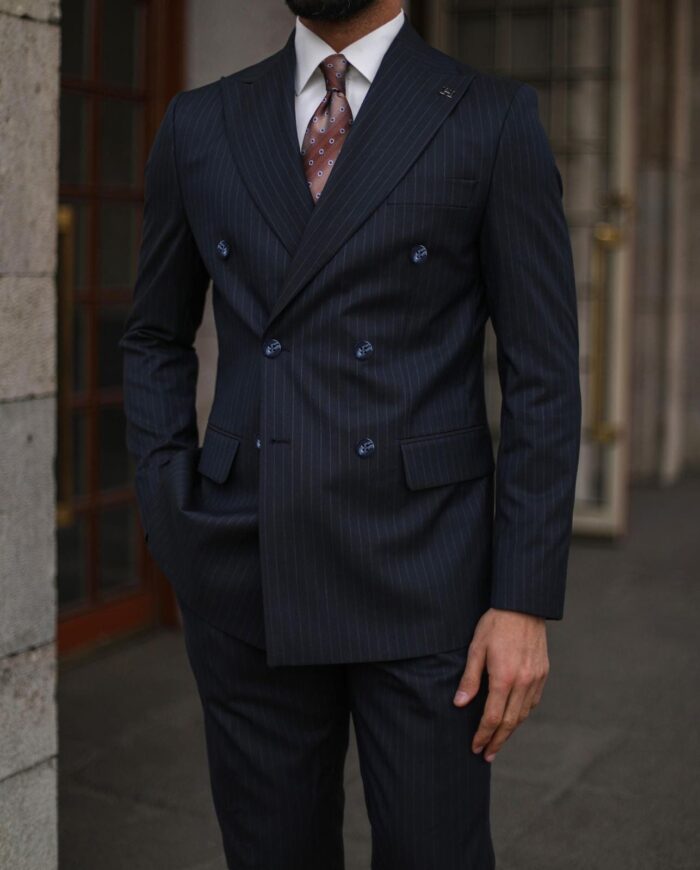 Edensor Gardens TAILORED SLIM FIT DARK NAVY BLUE  PINSTRIPE DOUBLE BREASTED MEN’S SUIT