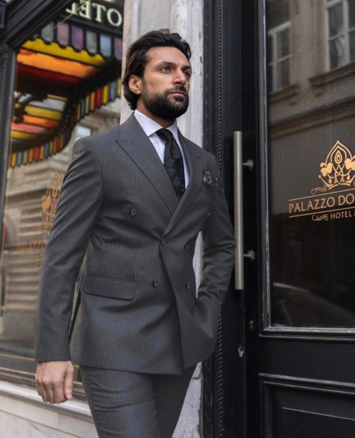 Hind Grove Slim fit all grey double breasted two piece men’s suit with peak lapels