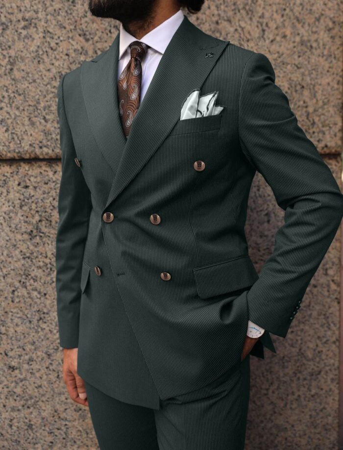 Hannington Road Tailored slim fit forest green double breasted pinstripe men’s suit with peak lapels