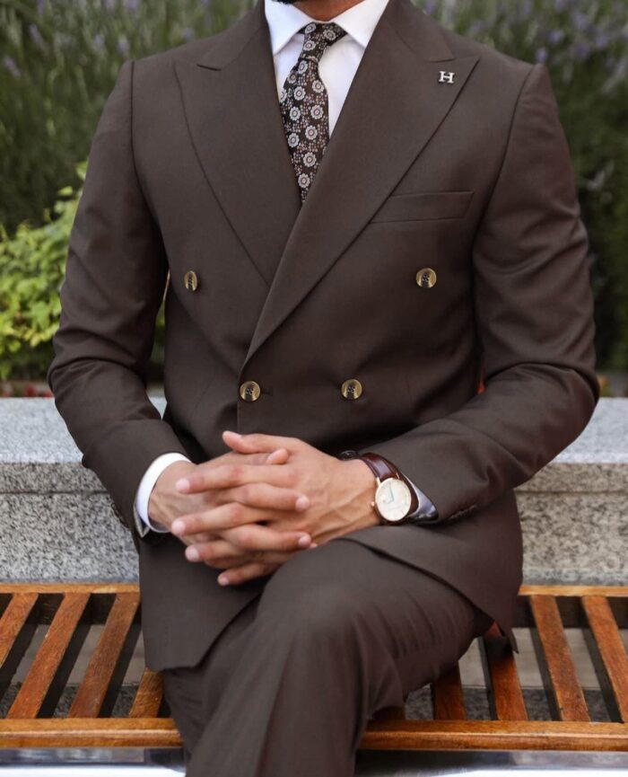 Dutton Street slim fit brown double-breasted men’s suit with peak lapels