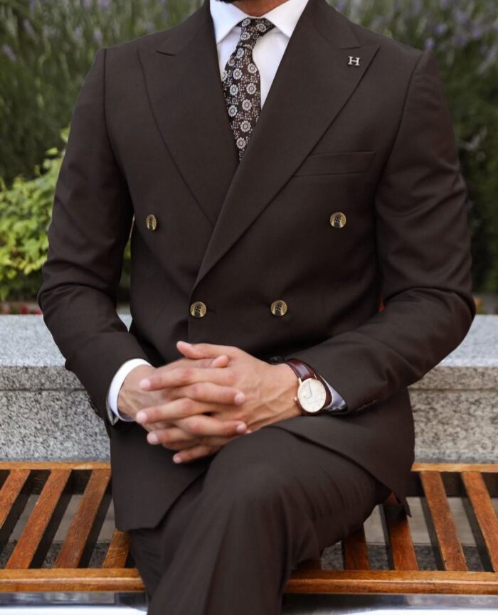 Dutton Street slim fit brown double-breasted men’s suit with peak lapels