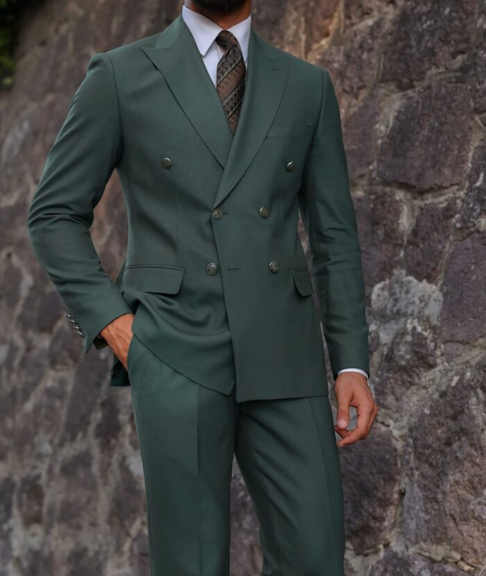 Lackington Street Tailored slim fit pine green double breasted men’s suit with peak lapels