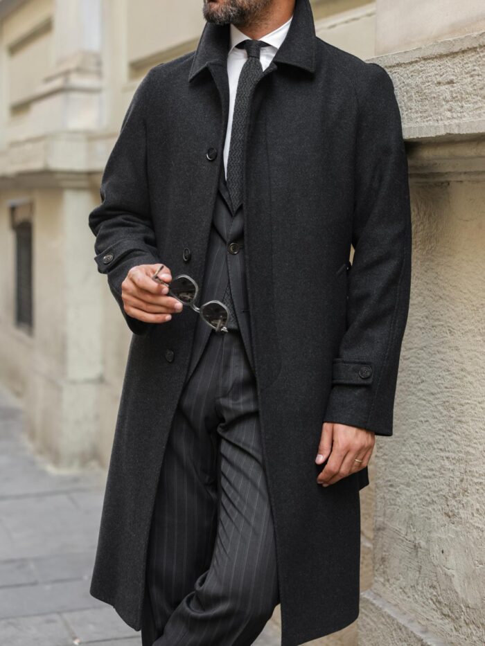 Portia Road Men’s signature black wool belted overcoat