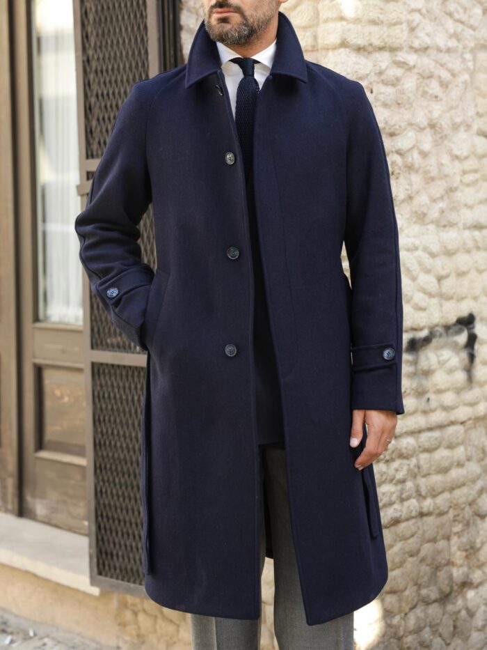 Raglan Street Men’s signature navy blue wool belted overcoat