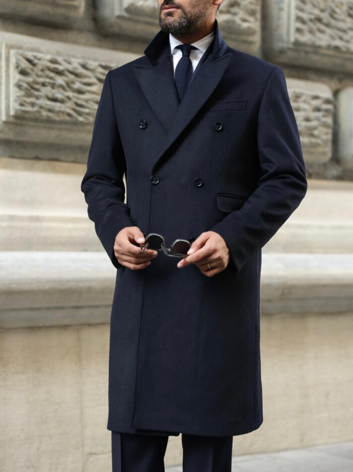 Bede Road Men’s signature navy blue double breasted wool overcoat