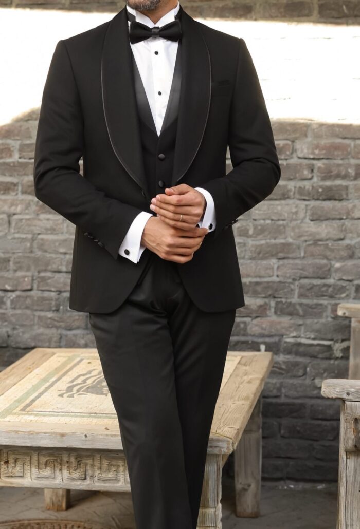 Rumbold Road Slim fit black three piece men’s tuxedo suit with shawl lapels