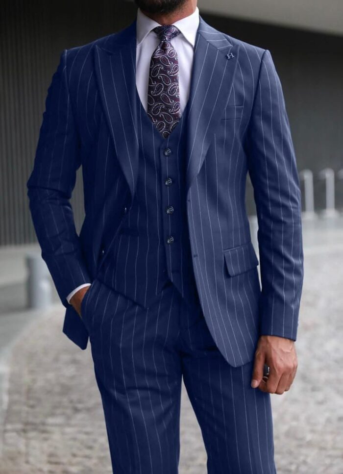 Bloomfield Road Slim fit navy pinstripe men’s three piece suit with peak lapels