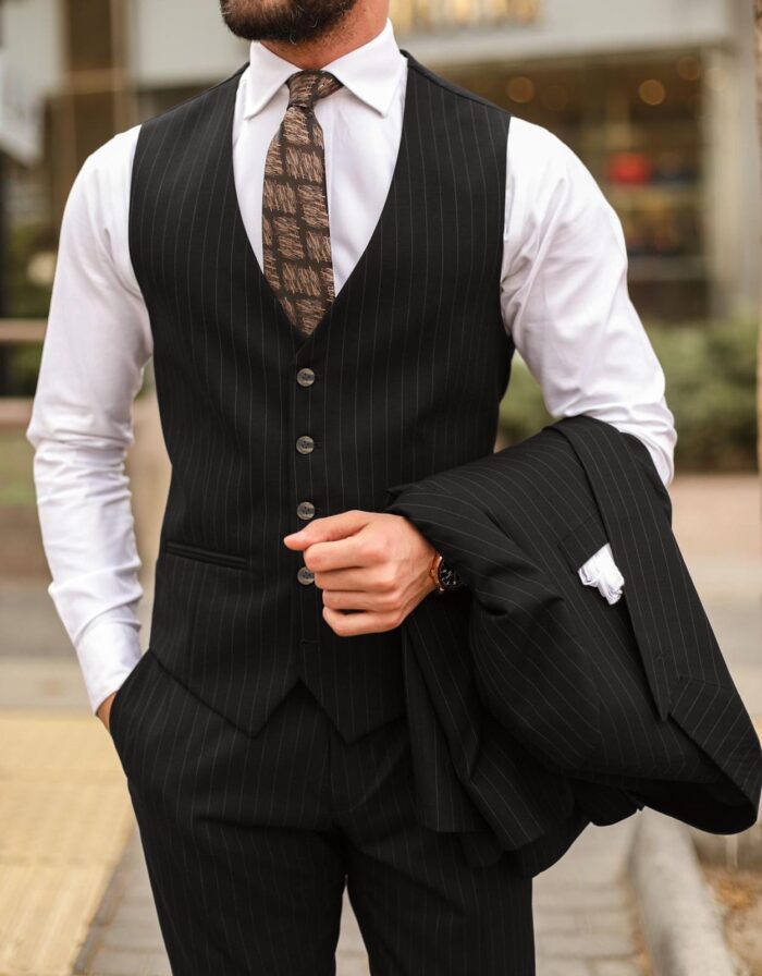 Orsman Place BROWN SLIM FIT PINSTRIPED THREE PIECE MEN’S SUIT WITH PEAK LAPELS