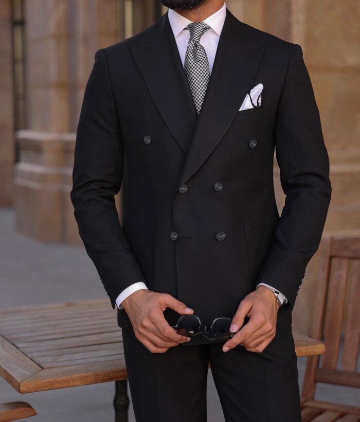 Pardon Street Slim fit double breasted black men’s suit with peak lapels