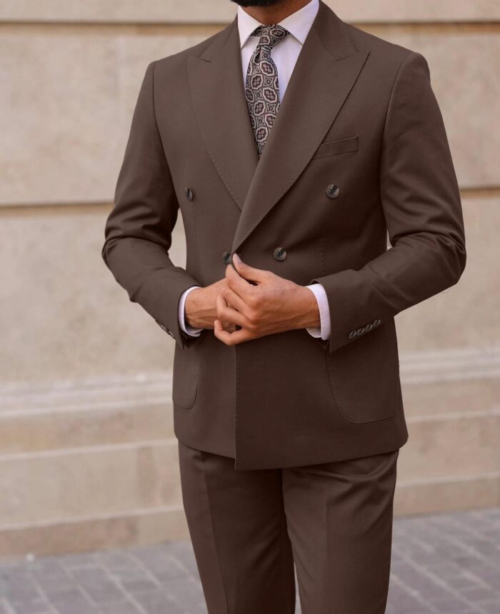 Courland Street Slim fit double breasted brown men’s suit with peak lapels