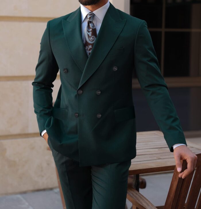 Tilloch Street Slim fit double breasted forest green men’s suit with peak lapels