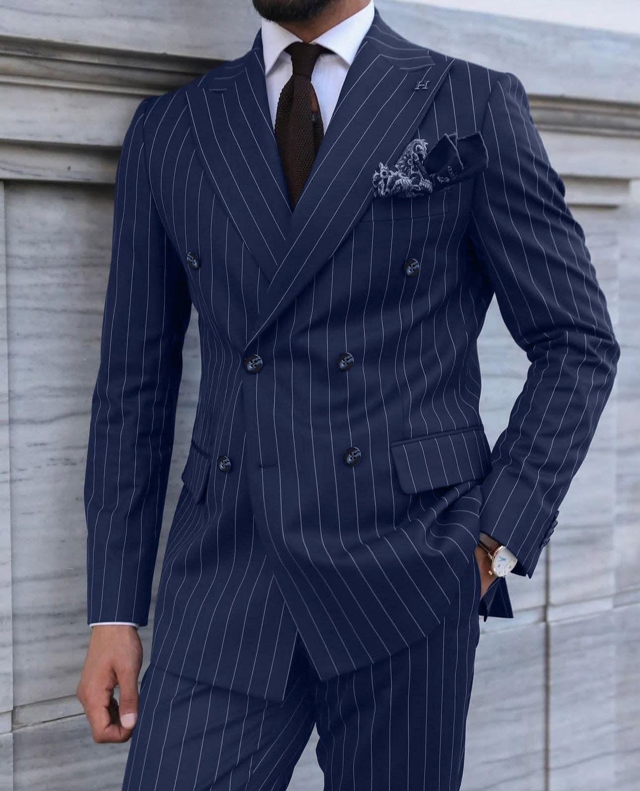 2025/11/1000135558-6443289.jpg Houndsditch Tailored slim fit pinstripe steel blue double breasted men’s suit with peak lapels